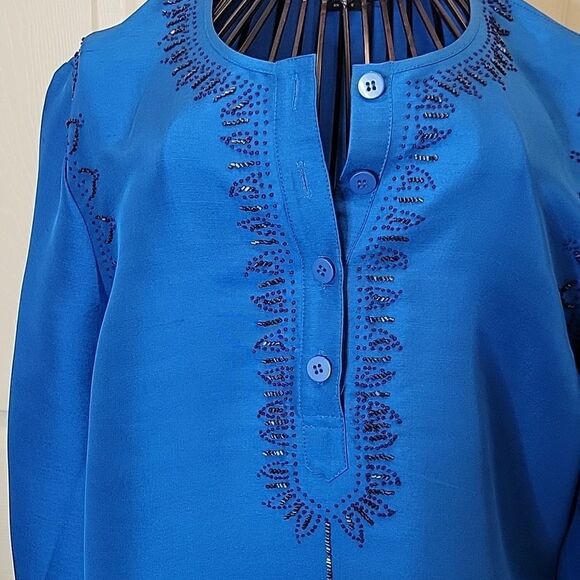 STUDIO G Raw Silk Blouse Peacock Blue Size 6 - Picture 3 of 9